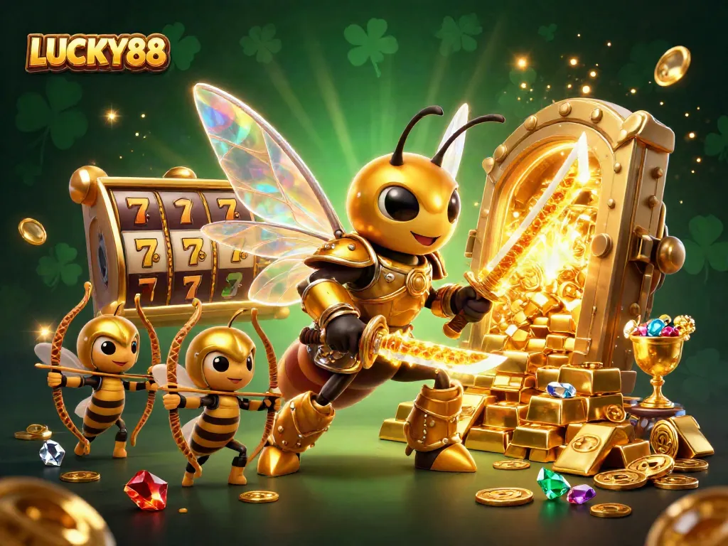 LUCKY88 slot illustration showcases vibrant golden hornet warriors among treasures in an engaging casino scene.