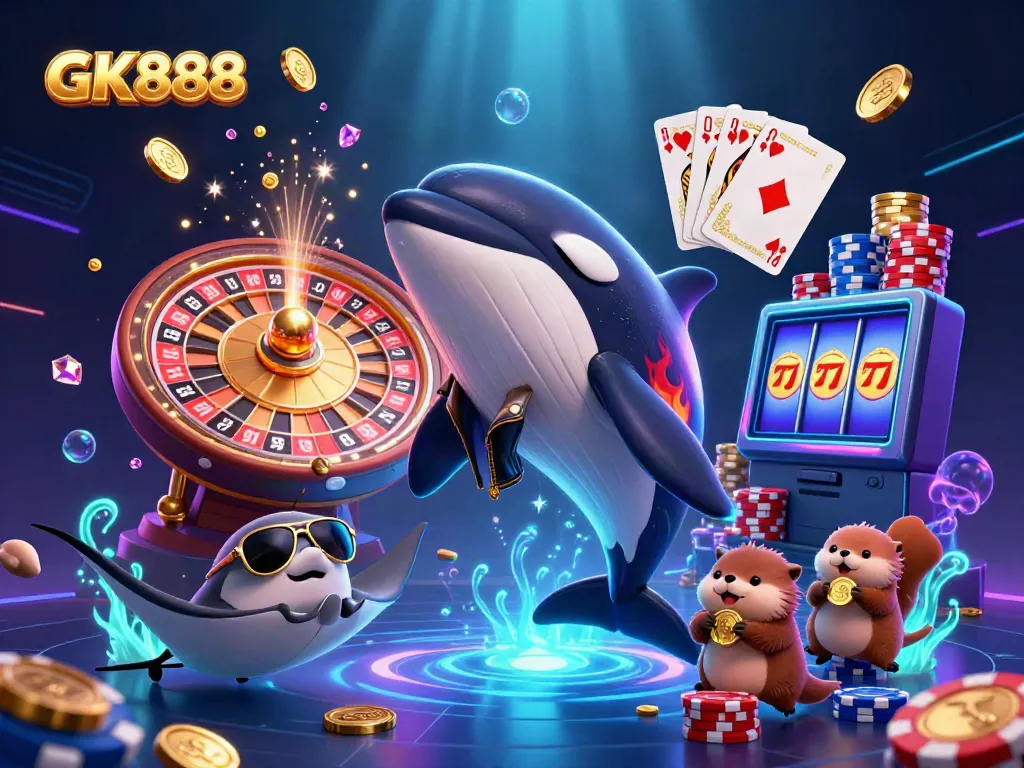 Experience GK888 with lively orca, stingray, and sea otters surrounded by dazzling casino elements.