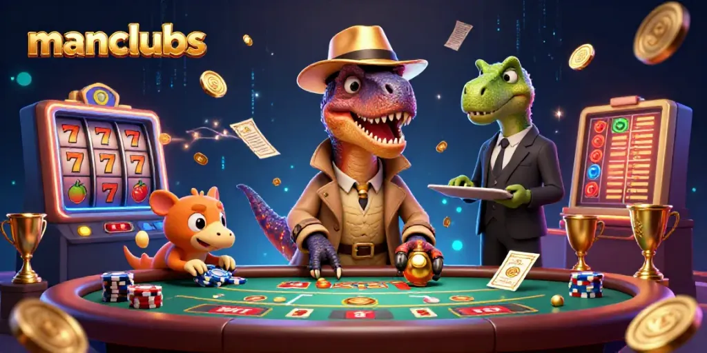 manclubs characters at a blackjack table with vibrant casino elements surrounding them in a dynamic gambling scene