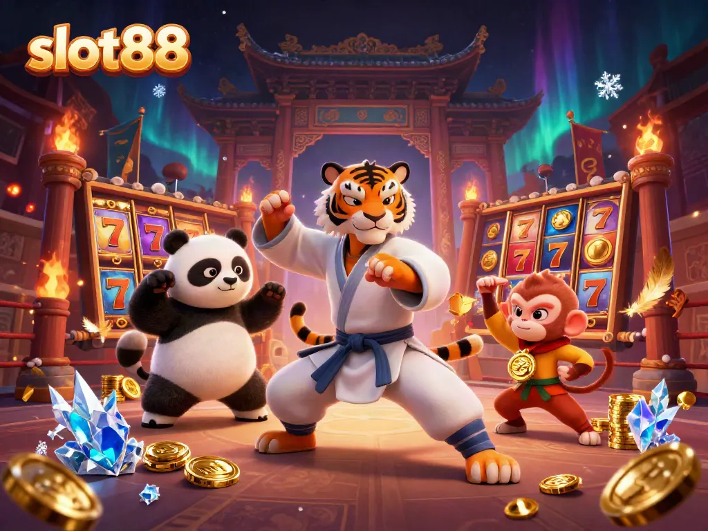 Experience the slot88 action with a kung fu tiger master, panda disciple, and monkey stealing medals in a casino scene.