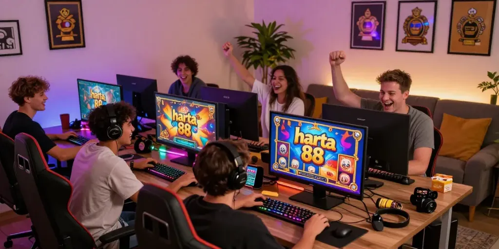 Excited players enjoying harta 88 online slot games in a vibrant gaming setup.