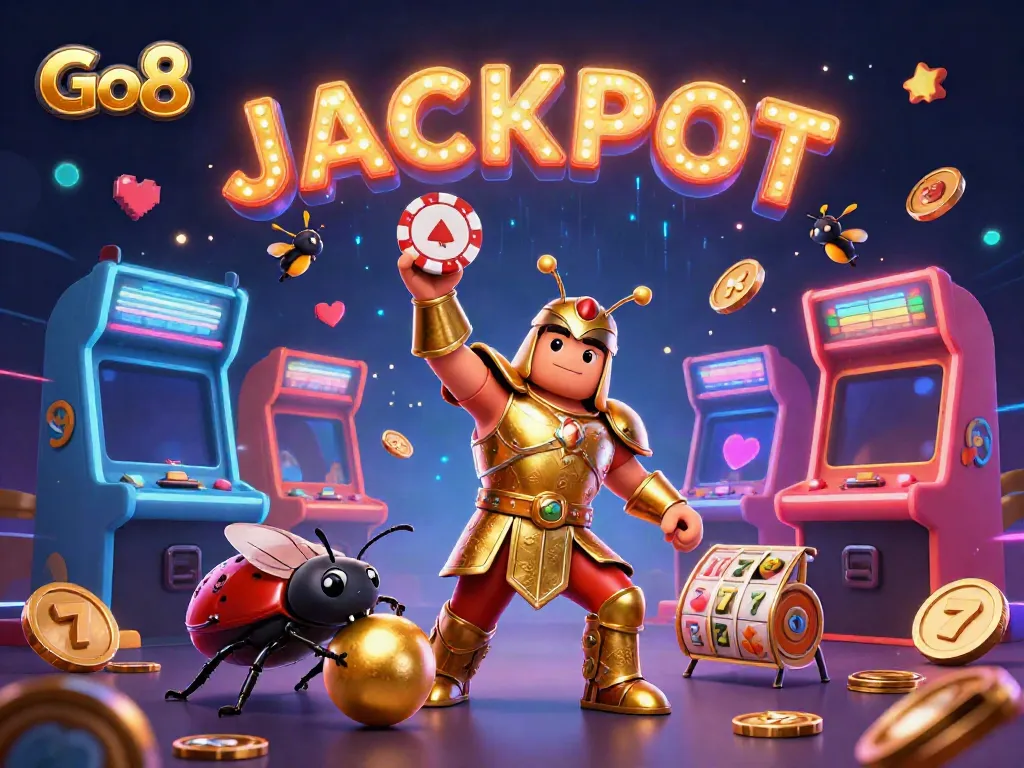 Go8 victory scene with a heroic beetle lifting a poker chip amidst casino elements