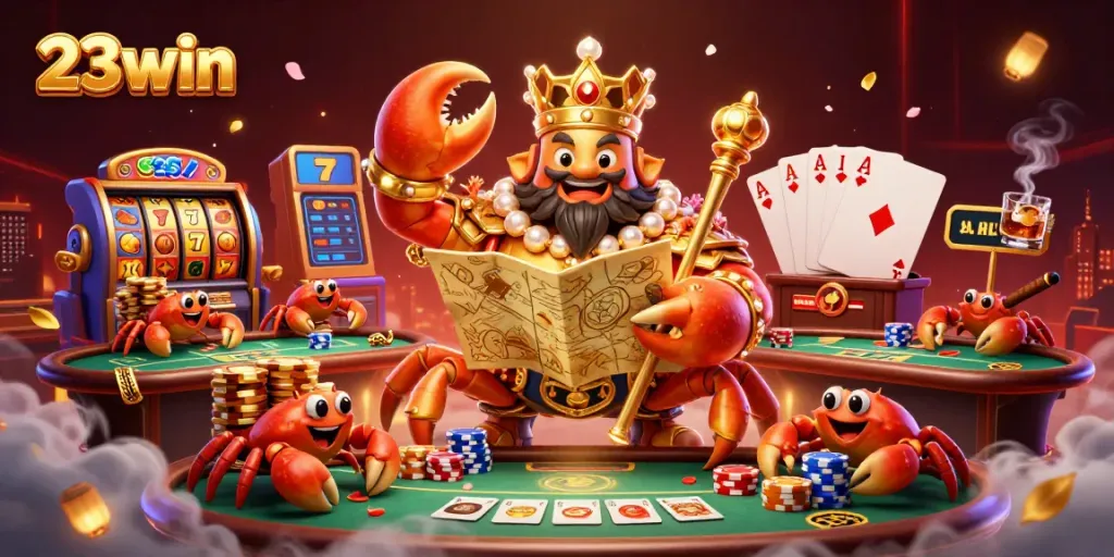 23win crab emperor illustration showcases vibrant casino themes with dynamic gaming elements