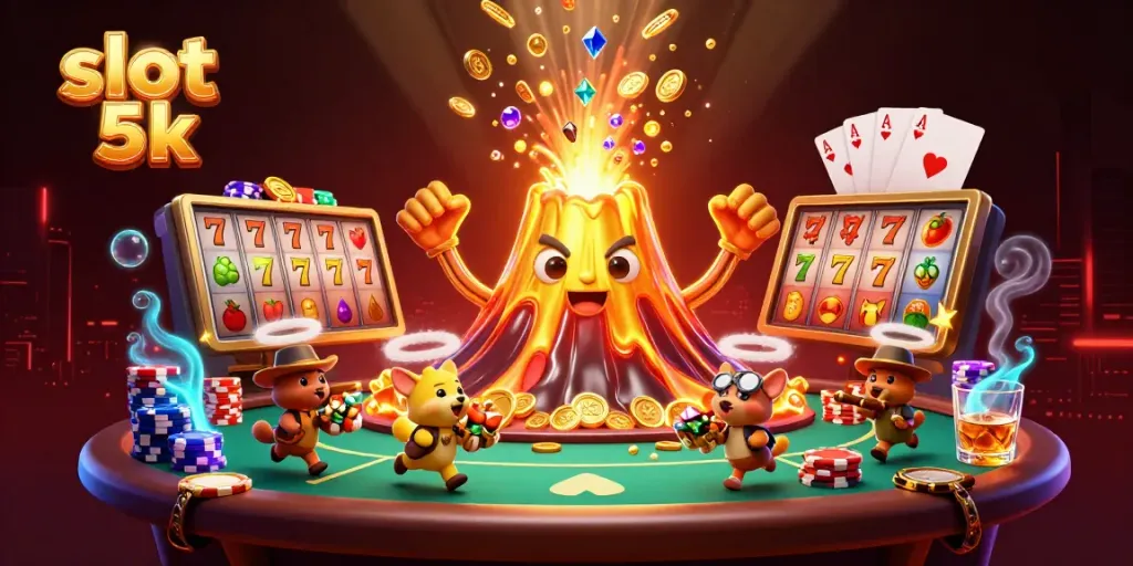 Experience the excitement of slot 5k with treasures and adventure in this lively 3D scene.
