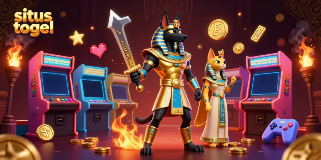 Engage with situs togel in an energetic 3D casino scene featuring Anubis and Bastet.