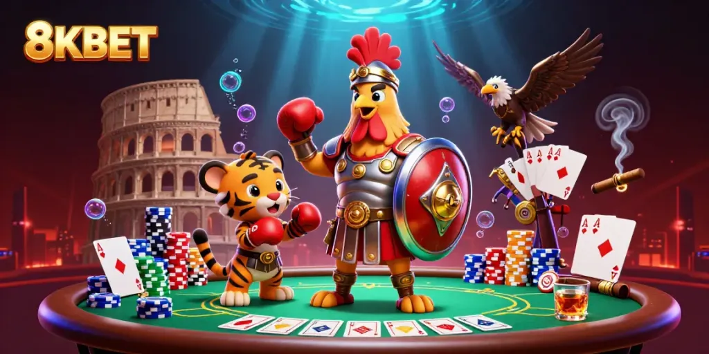 Engage with 8KBET's dynamic casino scene featuring a heroic rooster, tiger cub, and eagles.