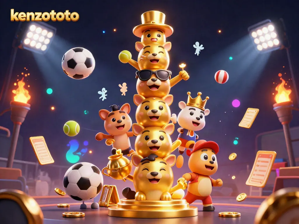 Engaging and vibrant kenzototo gaming scene featuring a golden totem pole surrounded by dynamic sports elements and glowing trophy.