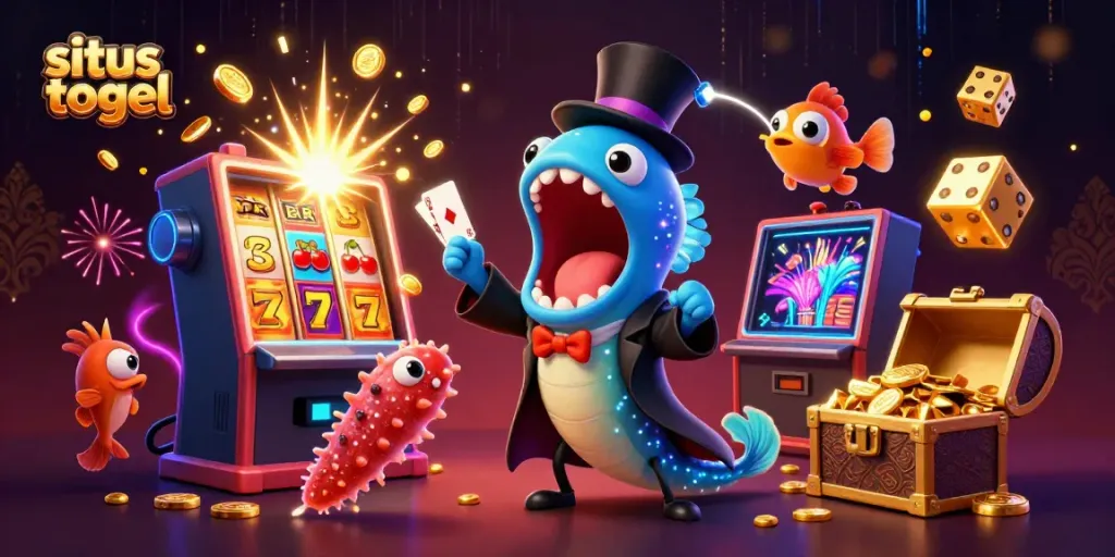 Visualisasi situs togel dengan karakter unik dan elemen permainan yang menonjol.