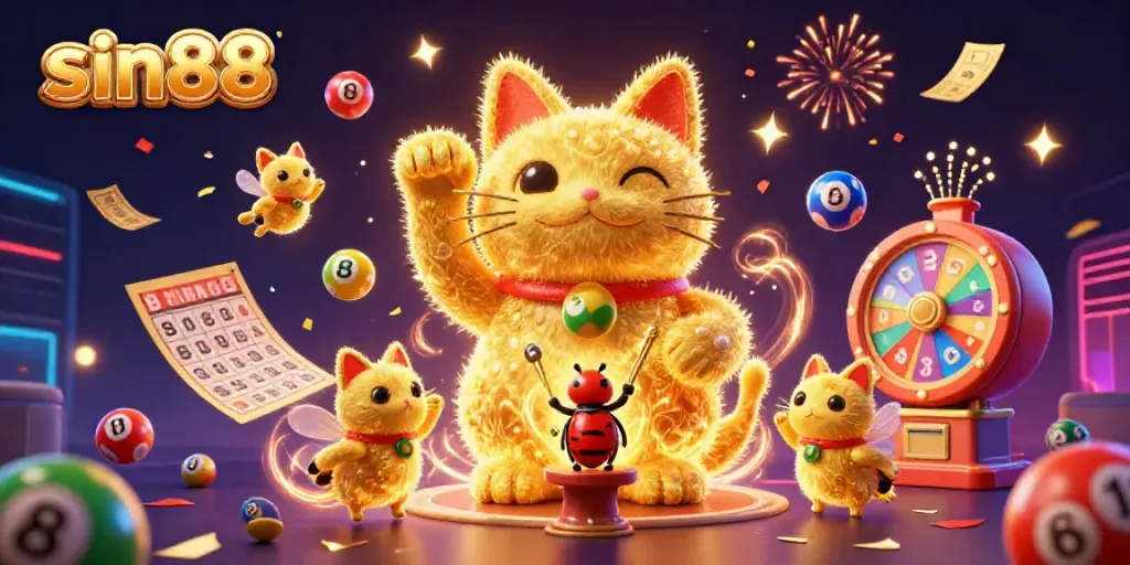 Experience the excitement of sin88 with a vibrant lucky cat scene, dynamic lottery elements, and festive celebration.