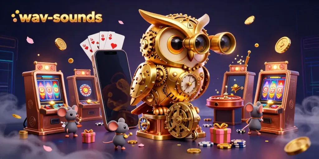 Permainan kasino di wav-sounds dengan burung hantu emas dan mouse mengeksplorasi slot modern.
