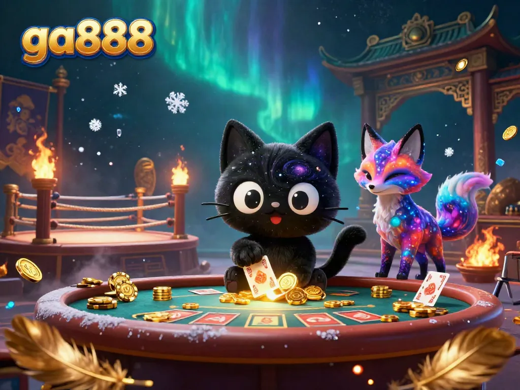 Engage in dynamic cosmic casino action with ga888 as a black hole cat draws in chips and cards.