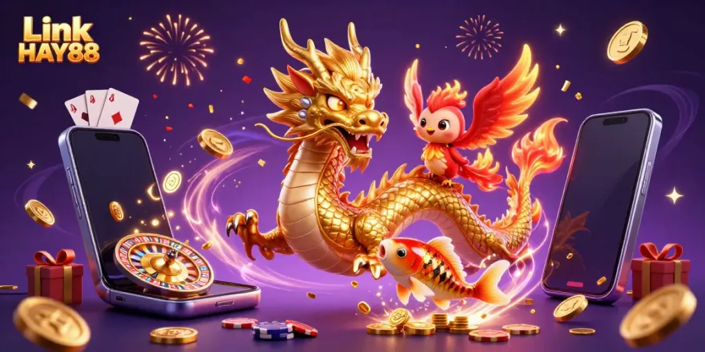 Spin and win with Link HAY88: vibrant scene featuring a golden dragon and phoenix in a casino
