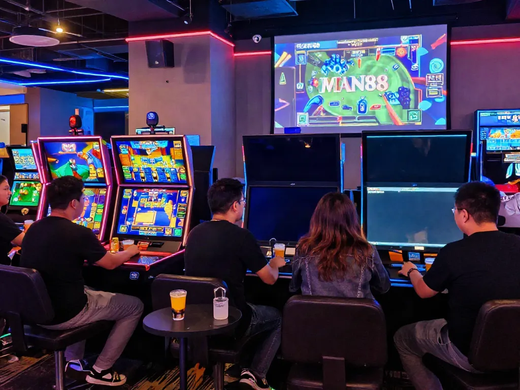 Exciting gaming scene at MAN88 with players enjoying online games and vibrant digital displays.