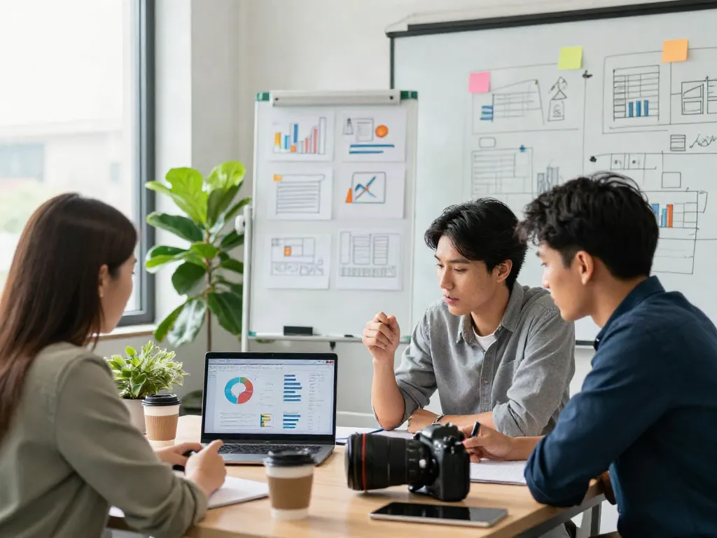 Marketing professionals analyzing metrics and strategies related to pecah 404 in innovative office space.
