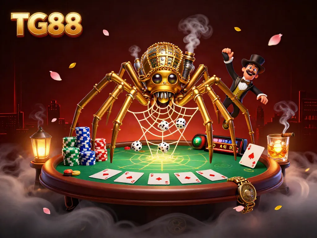 Engage with TG88’s vibrant casino scene featuring a steampunk spider and poker chaos.