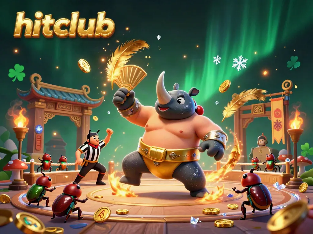 hitclub's dynamic gambling scene with a rhinoceros beetle sumo champion amidst flying gold coins and cheering spectators