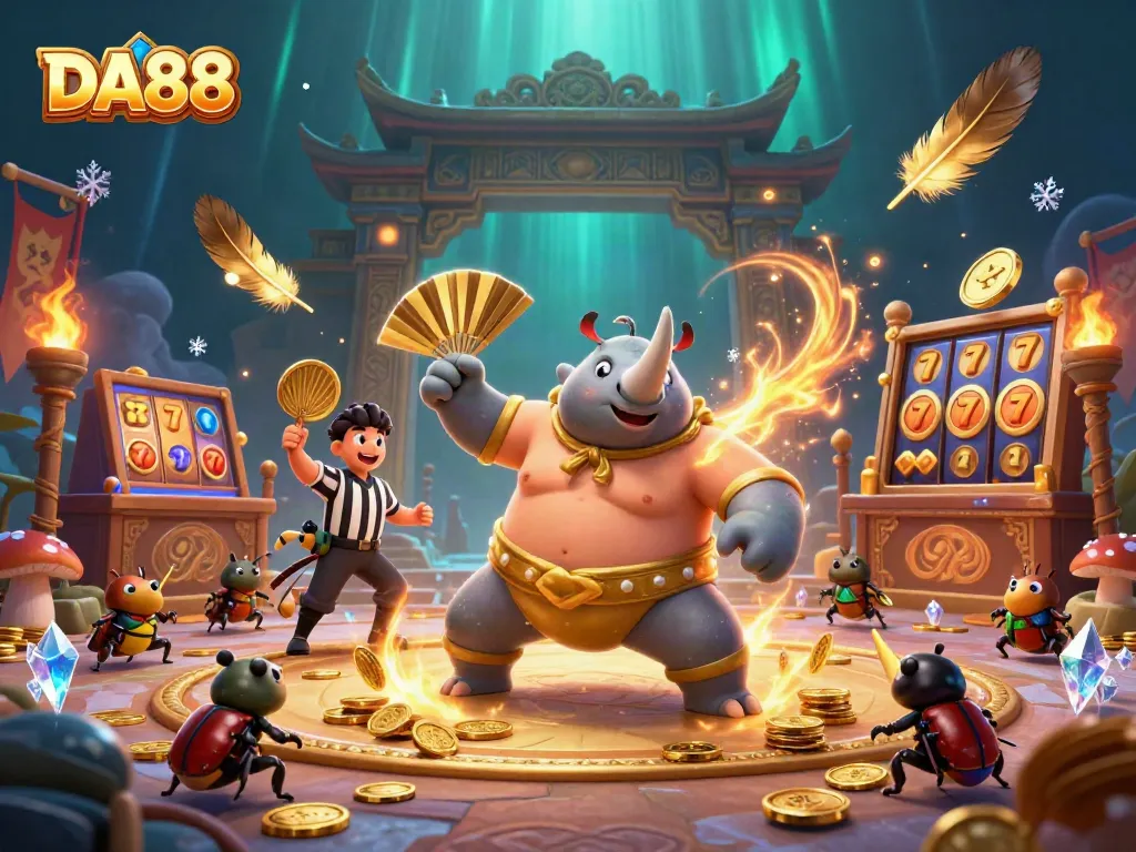 Engage with DA88 casino vibes as the champ beetle stomps, sending coins flying in this vibrant arena.