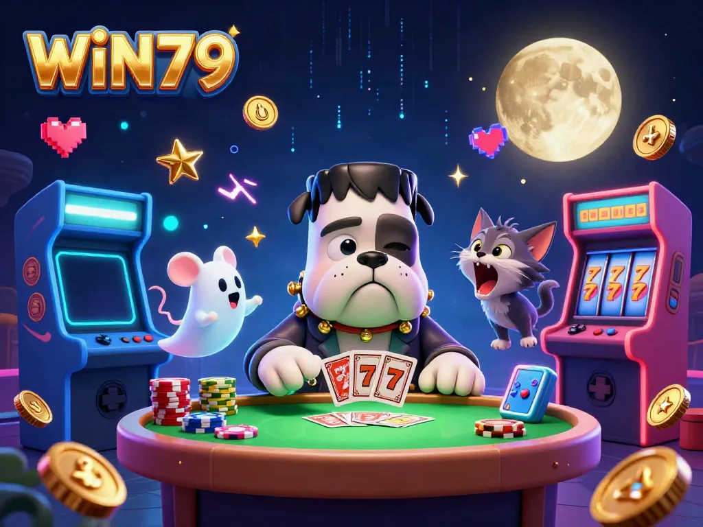 WIN79 showcases an electrifying gambling scene with a Frankenstein bulldog dealing cards surrounded by vibrant gaming elements.