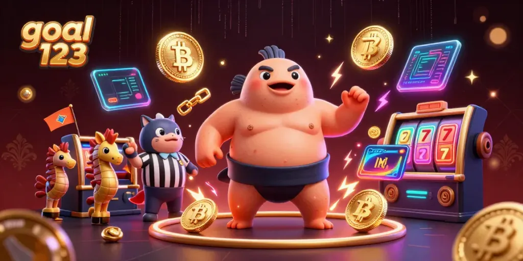 Engage with the goal 123 experience through a vibrant underwater casino scene featuring a fugu, catfish referee, and colorful digital elements.