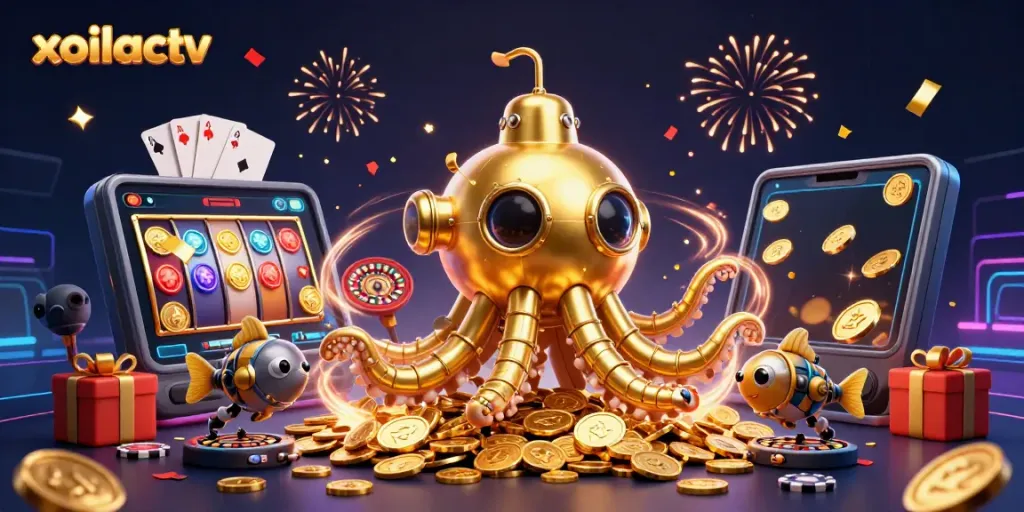 Experience thrilling gameplay with xoilactv as a golden kraken submarine surfaces amidst coins and gaming elements.