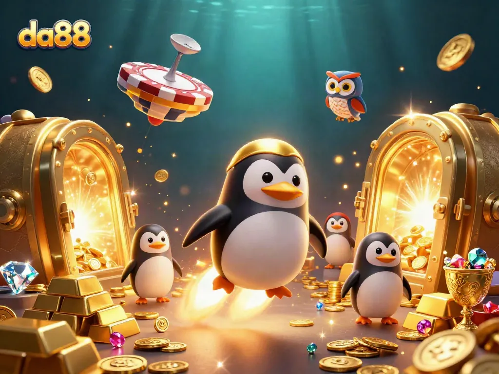 Spin jackpots with da88's colorful casino adventure featuring a golden penguin and treasures.