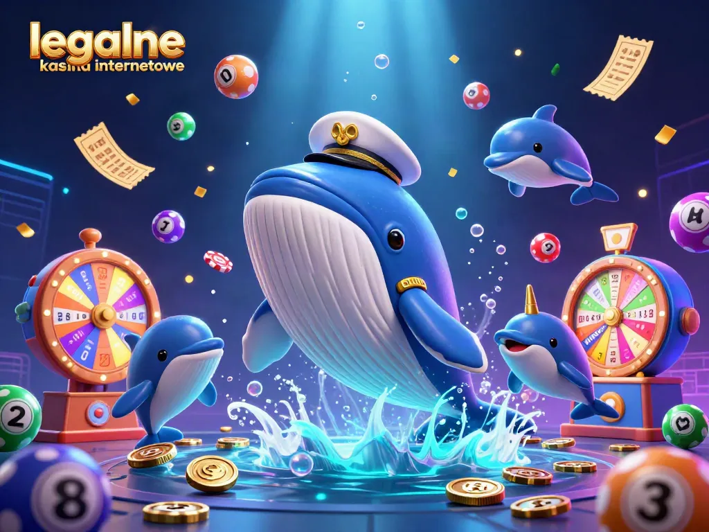 Engage in legalne kasyna internetowe with a vibrant 3D scene featuring a whale, narwhal, and dolphins.