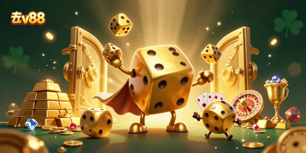 Experience luck and excitement with five88 as golden dice and jewels swirl in a vibrant casino scene.