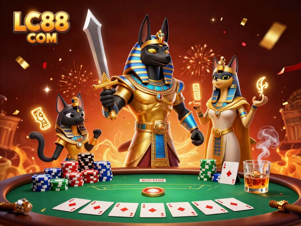 Join the excitement of LC88 COM with Anubis and Bastet at a vibrant poker table.