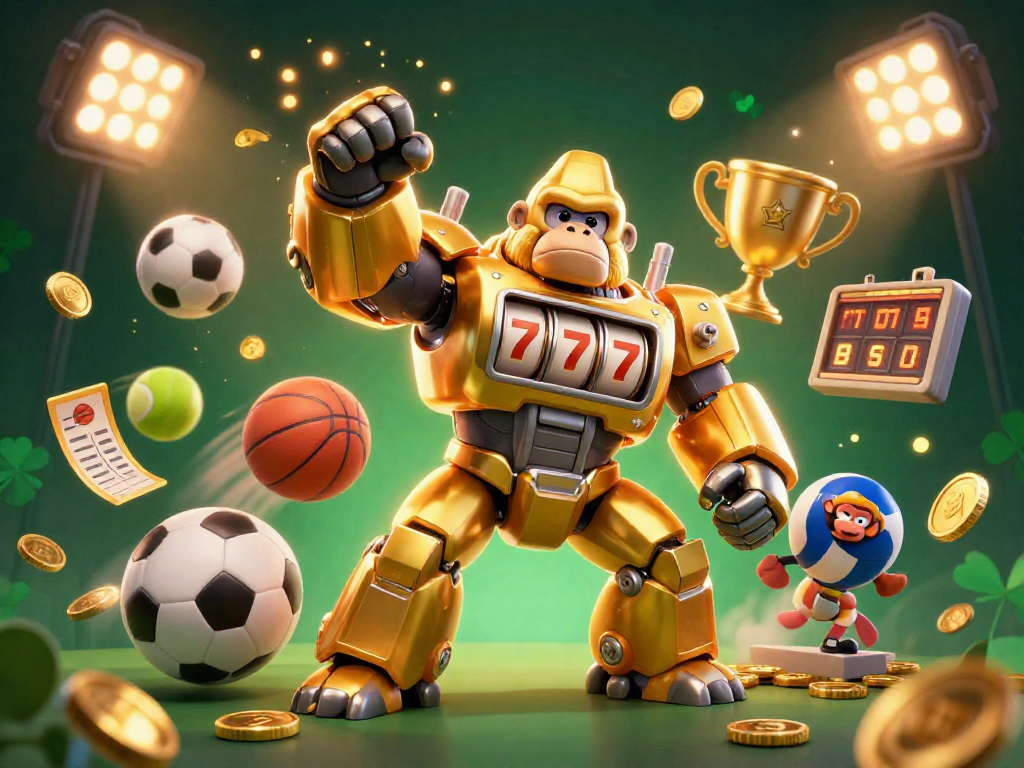 Experience debet's excitement in this dynamic sports-themed casino illustration showcasing a golden mech and vibrant betting elements.
