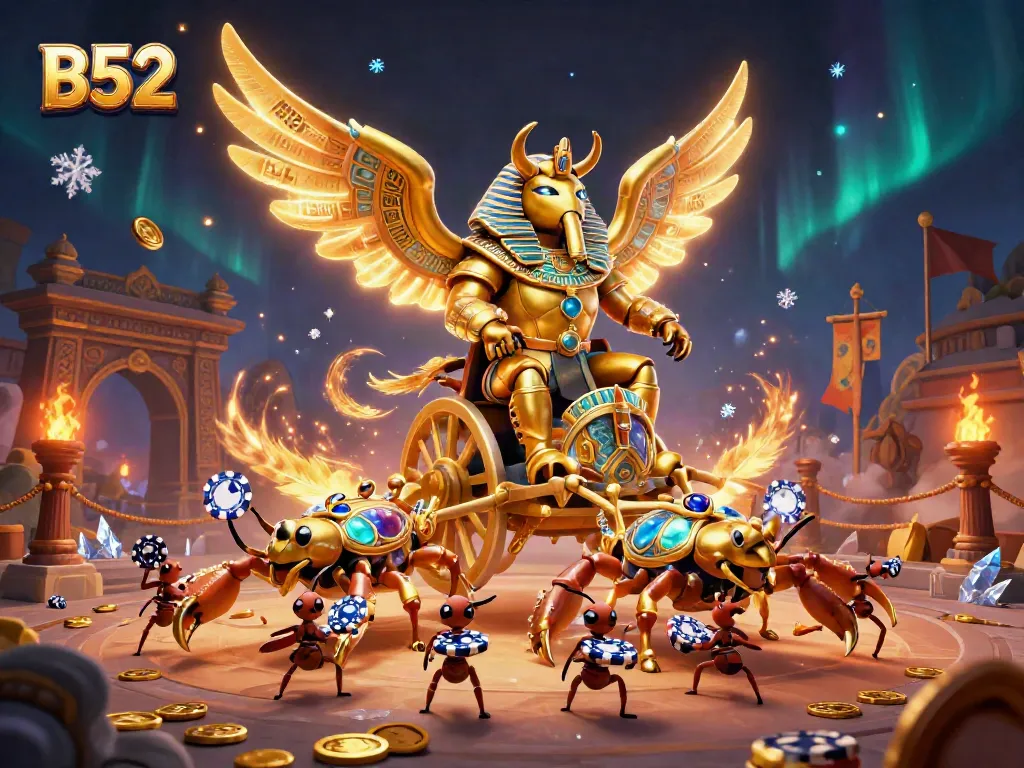 B52 features a golden scarab beetle and scorpions in a dynamic casino scene, showcasing gambling elements.