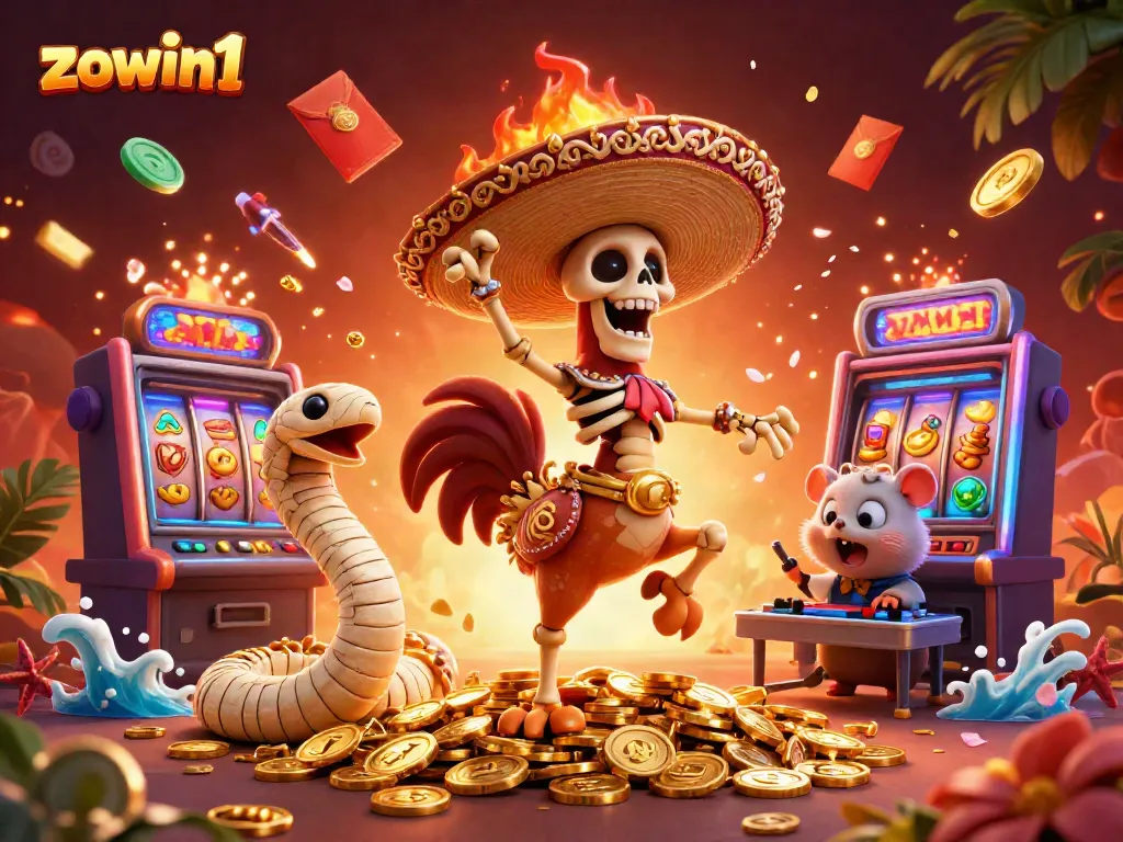 Engage with zowin1 in a thrilling casino atmosphere featuring lively characters and vibrant slot machines.