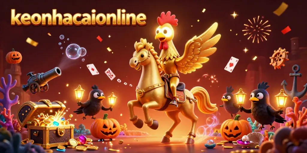 Experience the thrill of keonhacaionline with a golden rooster in a dynamic casino scene filled with treasures.