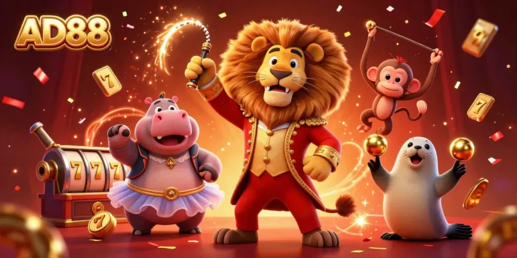 Experience the thrill of AD88 with a vibrant 3D casino scene featuring dynamic characters and festive elements.