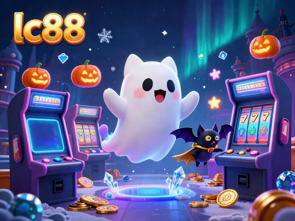 Experience lc88's thrilling casino adventure with a ghost cat and vampire bat in a vibrant haunted mansion.