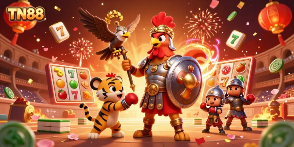 Engage with TN88's thrilling casino experience, featuring characters in a vibrant celebration with slot machines and festive elements.