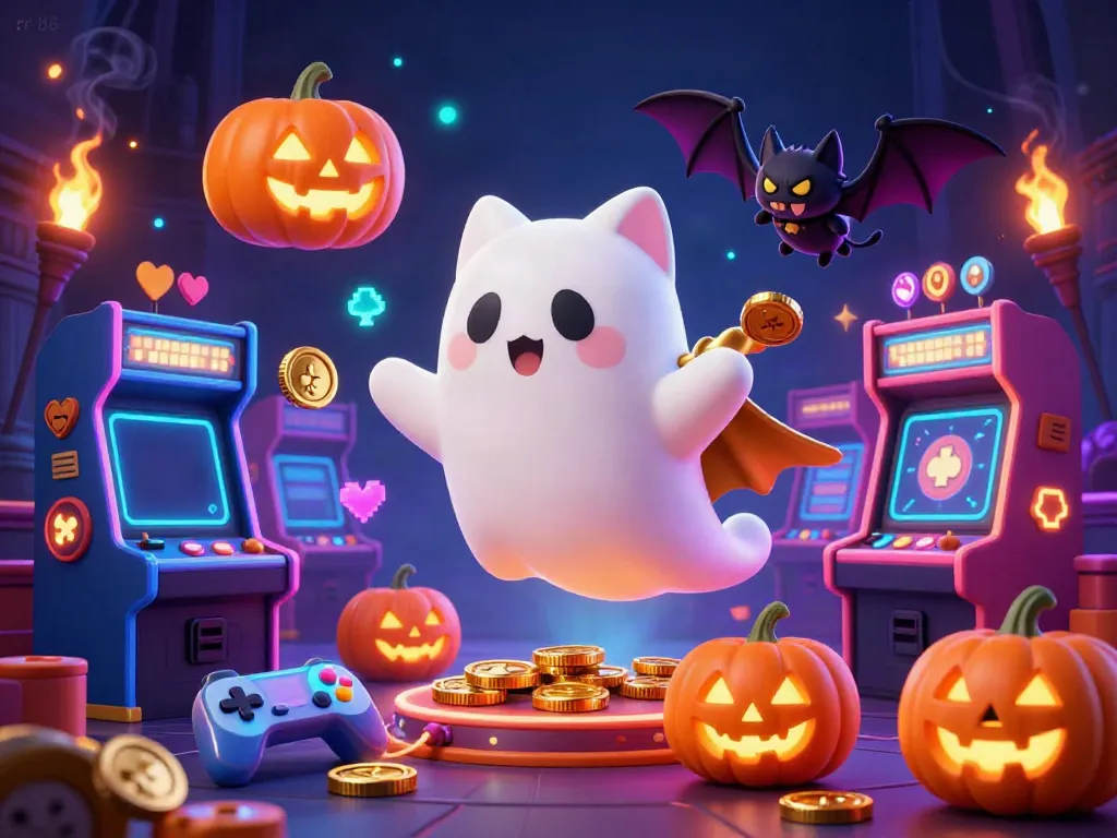 Experience gaming excitement at rr88 with a playful ghost cat and colorful casino elements in a vibrant 3D scene.
