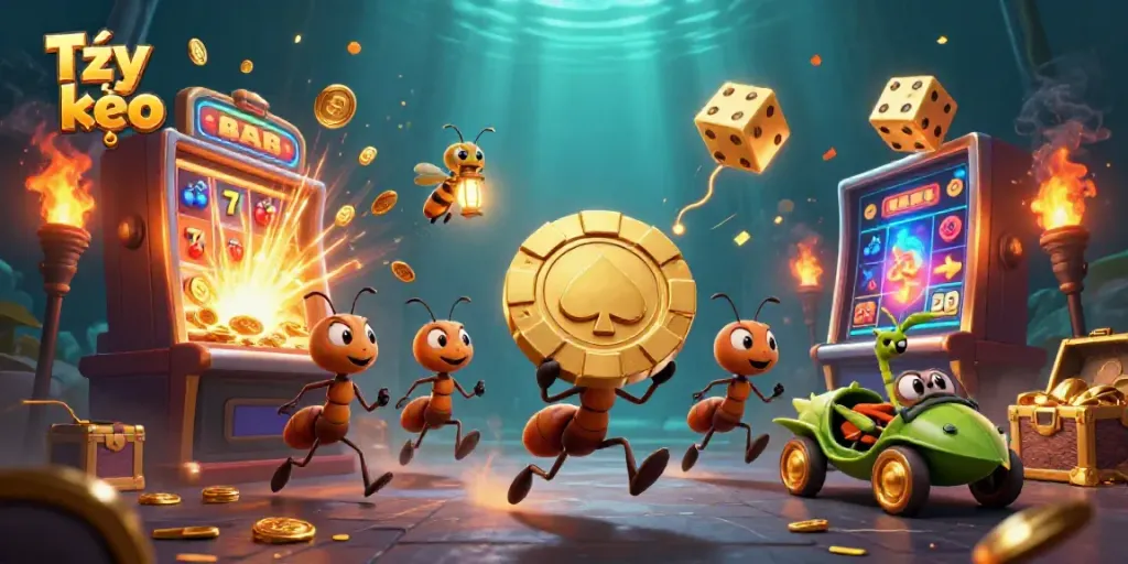 Ants heisting a massive golden poker chip in the dynamic scene of Tỷ lệ kèo online casino action
