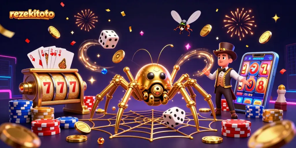 Experience the thrill of rezekitoto with golden webs, casino elements, and festive energy.