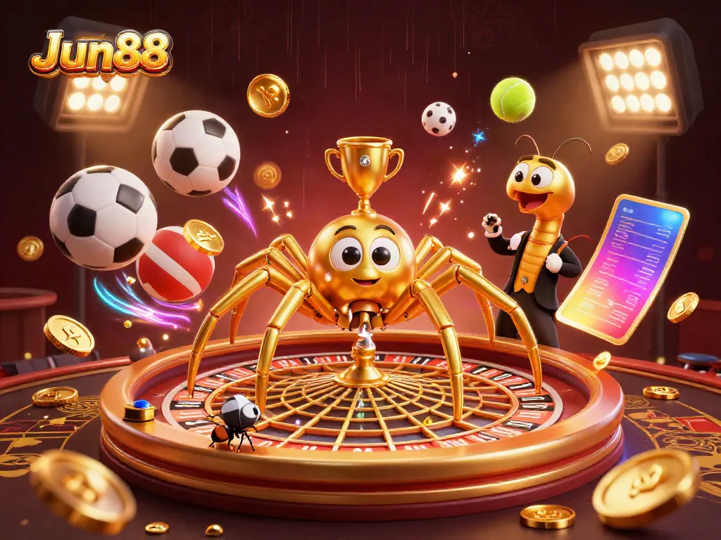 Jun88 themed scene with a golden spider, betting at roulette and dynamic sports balls