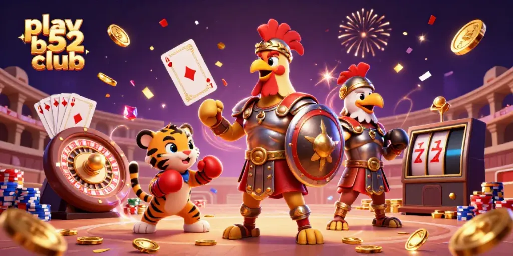 Play B52 Club and win big with vibrant casino-themed illustration.