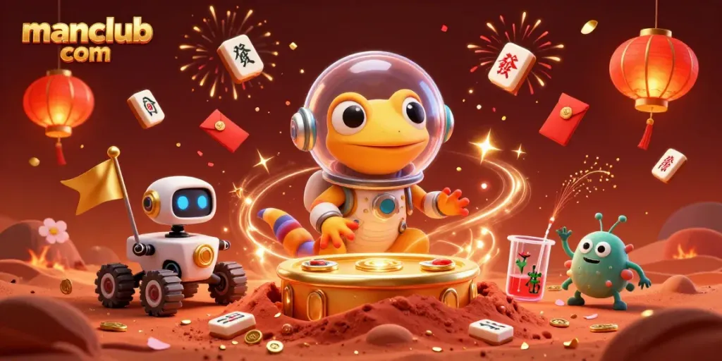 Experience thrilling gaming at manclub com with a lively Martian scene featuring vibrant casino graphics.