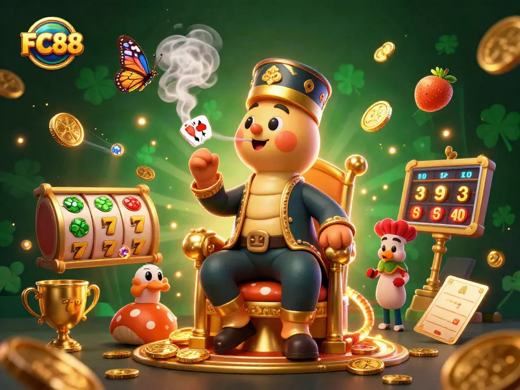 Engage in diverse slots at FC88, featuring a vibrant illustration of casino excitement with rich details.
