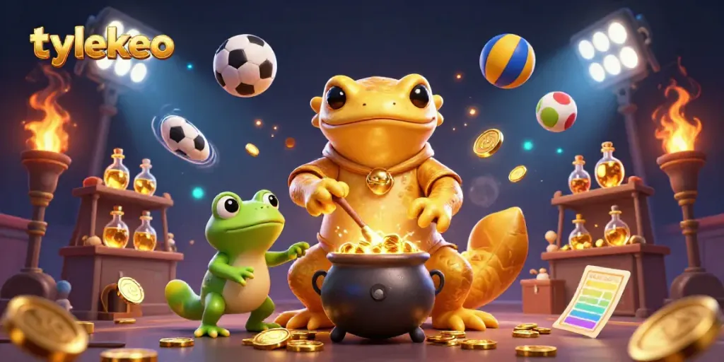 Experience the thrill of sports betting with tylekeo, featuring dynamic games, golden coins, and lively characters.