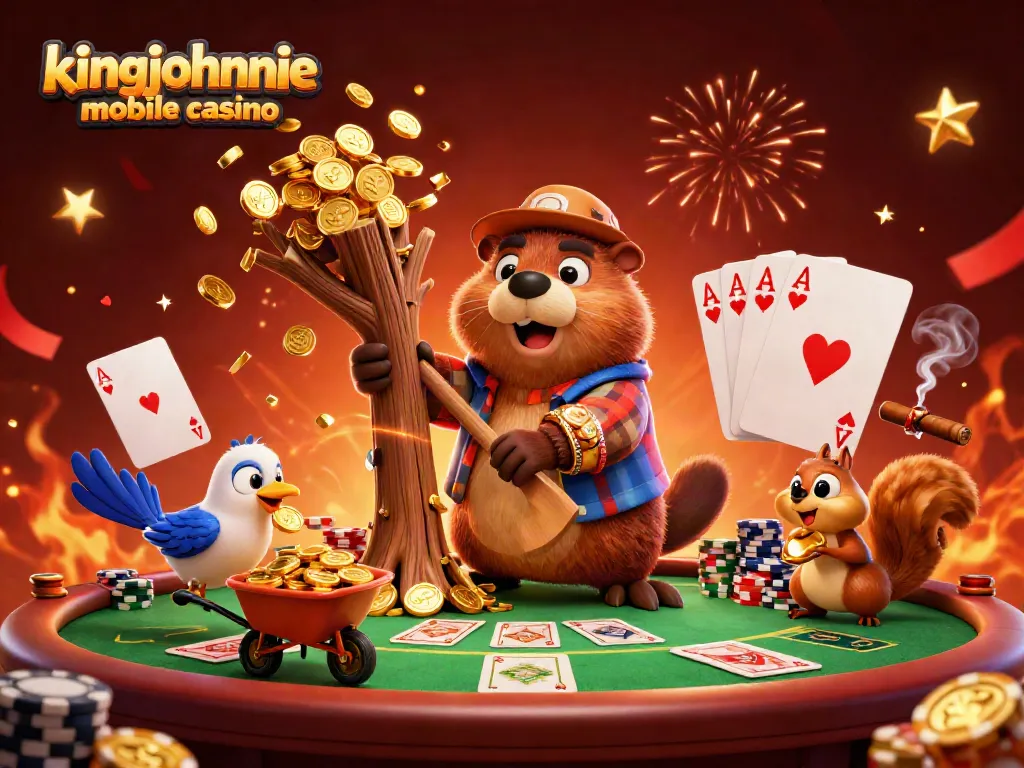 Experience the kingjohnnie mobile casino with beaver and friends in a vibrant casino scene.