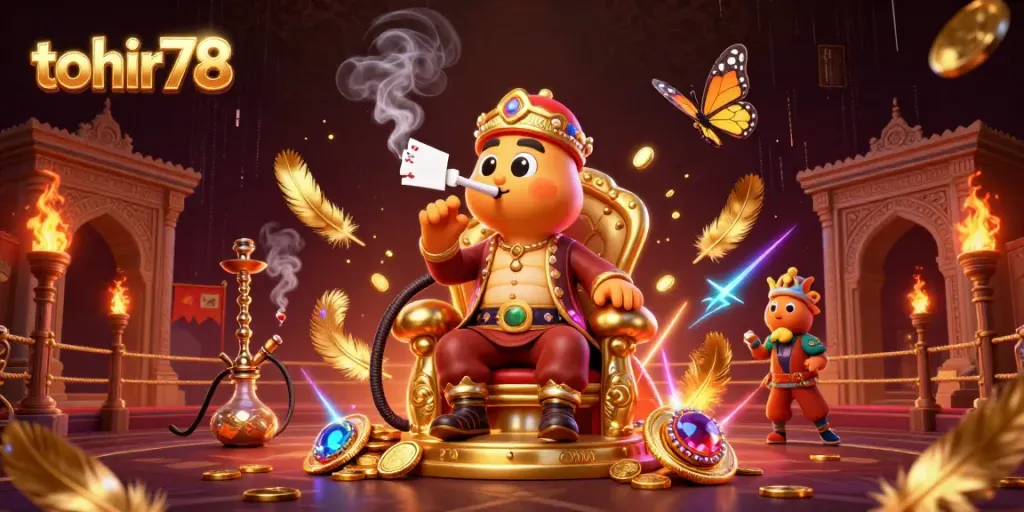 Engage with tohir78's vibrant online casino experience featuring a whimsical 3D caterpillar hookah-master immersed in an enchanting gambling scene.