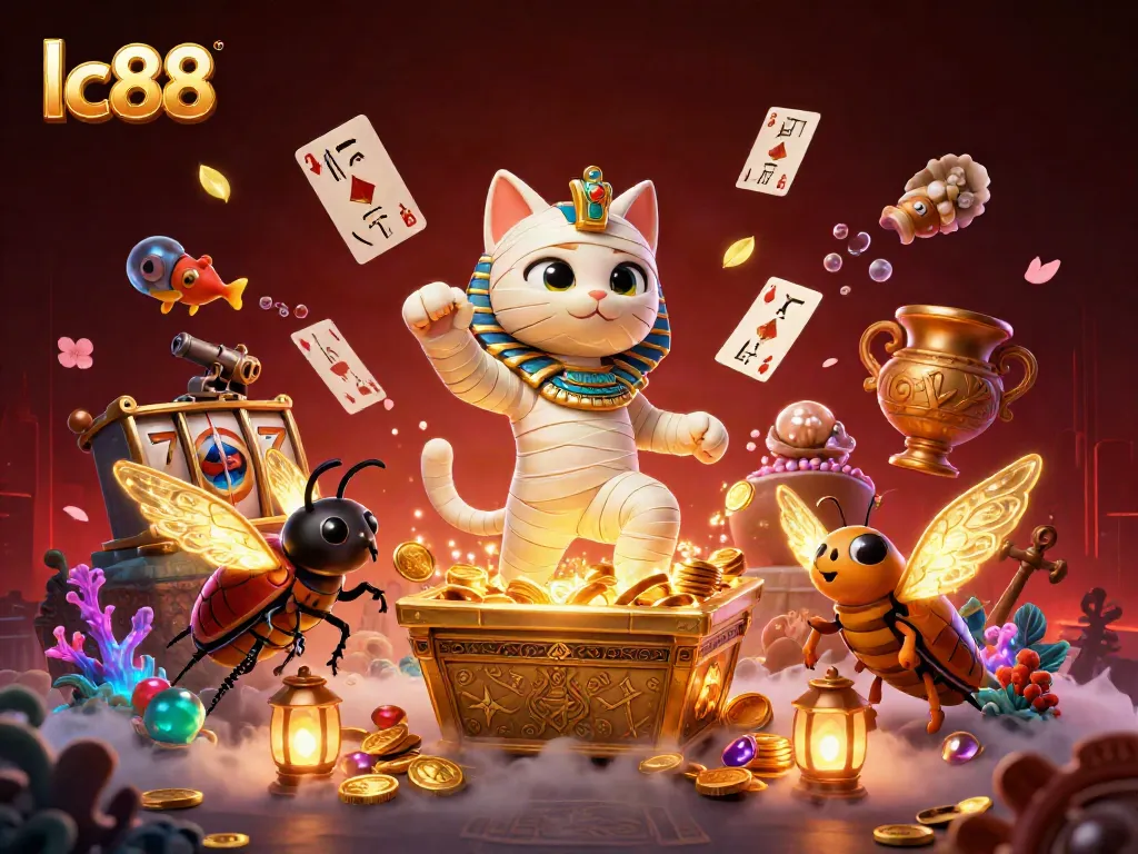 Engage with exciting games at lc88 featuring a mummy cat and ancient Egyptian themes in a casino setting.