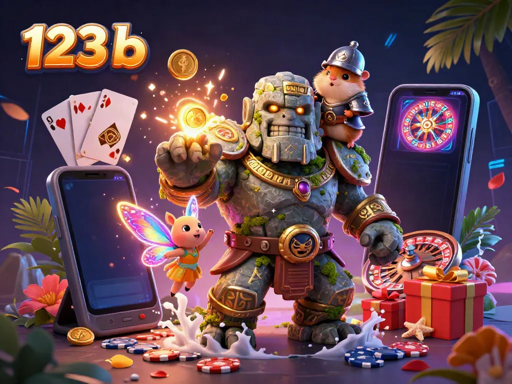 Experience thrilling gameplay with 123 b in a vibrant 3D casino scene featuring a golem, fairy, and hamster knight.