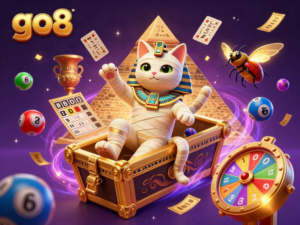 Join the exciting GO8 gaming experience with a mummy cat and golden sarcophagus surrounded by vibrant casino elements.