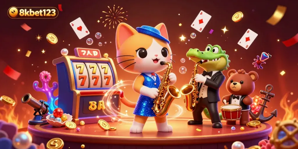 Experience vibrant casino entertainment with 8xbet123 featuring cartoon characters and slot game dynamics.
