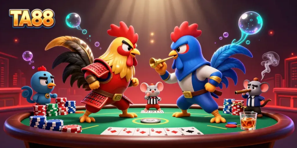 Engage in spirited poker battles with TA88's fighting roosters in a vibrant casino atmosphere.
